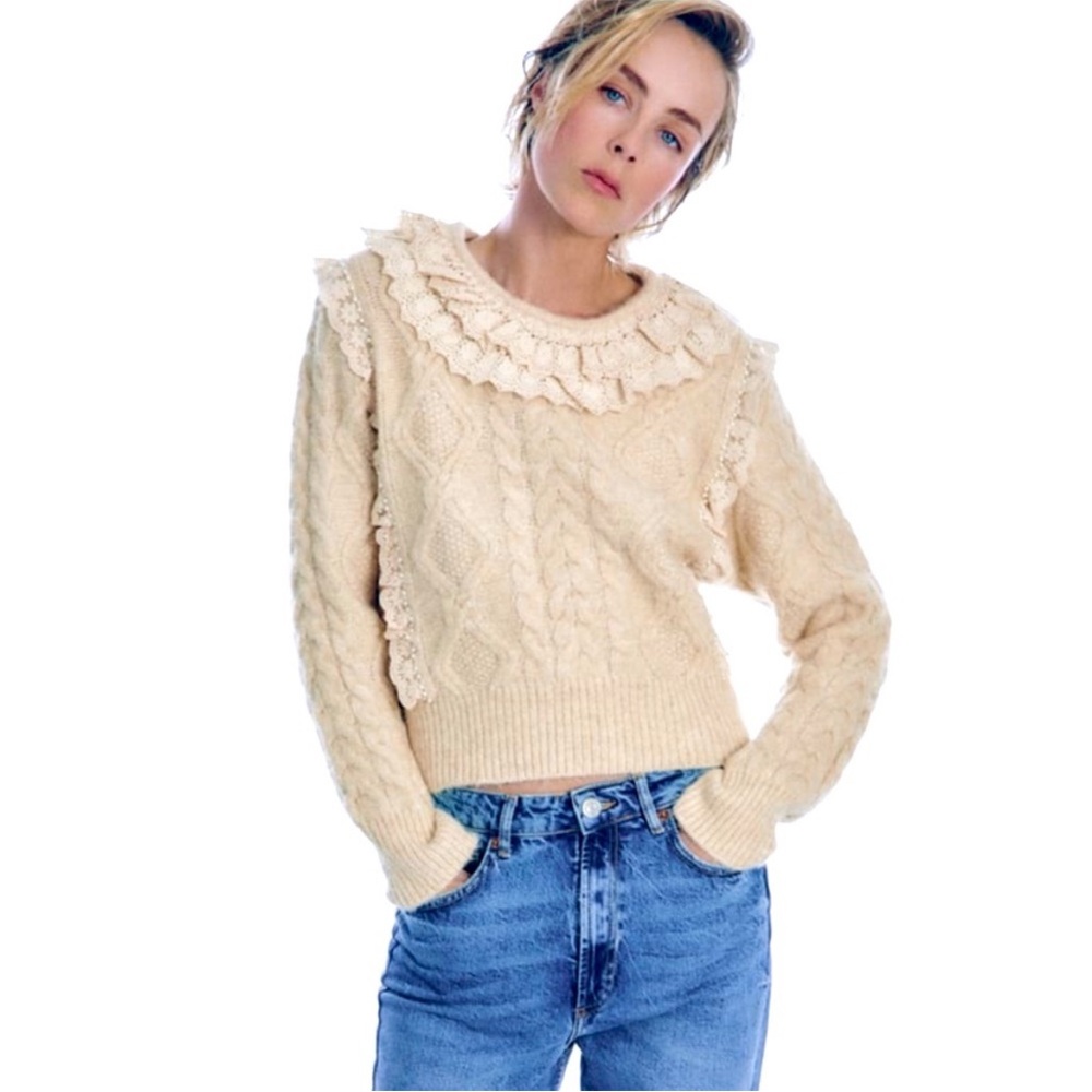 BOGO! ZARA Lace Ruffle Collar Pearl Cable Knit Sweater Cream Small - Picture 11 of 11